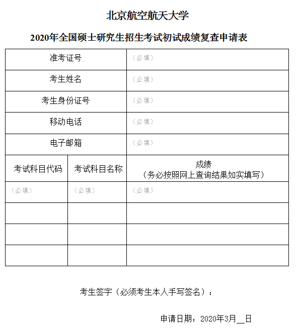 北京航空航天大学2020年全国硕士研究生招生考试初试成绩复查申请表样式