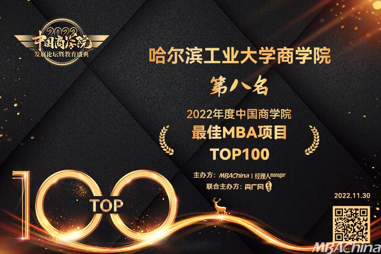 哈尔滨工业大学商学院荣获 “2022年度中国商学院最佳MBA项目TOP100”第8名