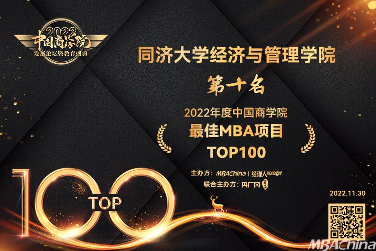同济大学经济与管理学院荣获 “2022年度中国商学院最佳MBA项目TOP100”第10名