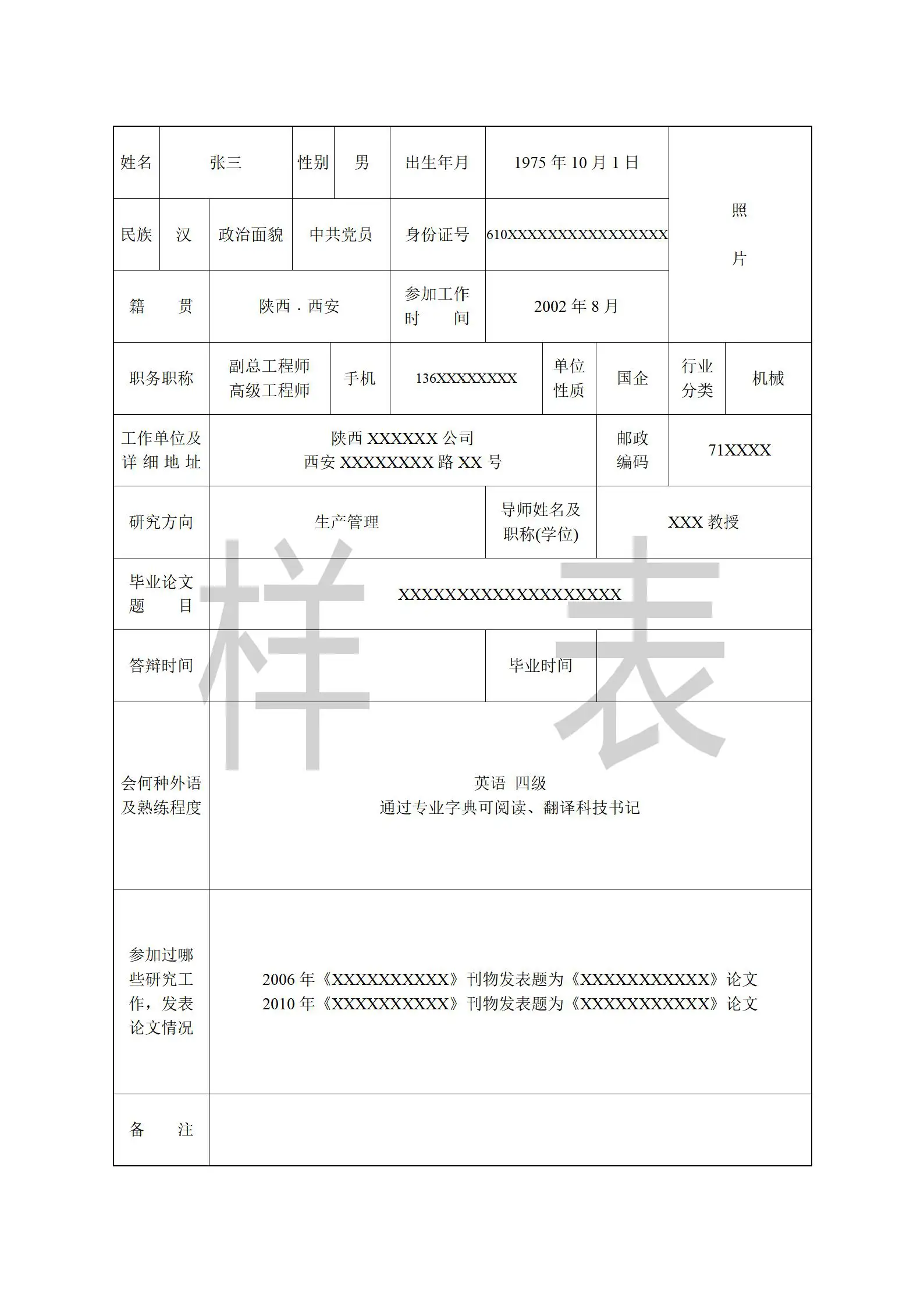 陕西工商管理硕士2024非全日制研究生毕业论文答辩材料填写样表