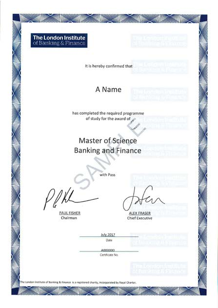伦敦银行与金融学院学位证书样本