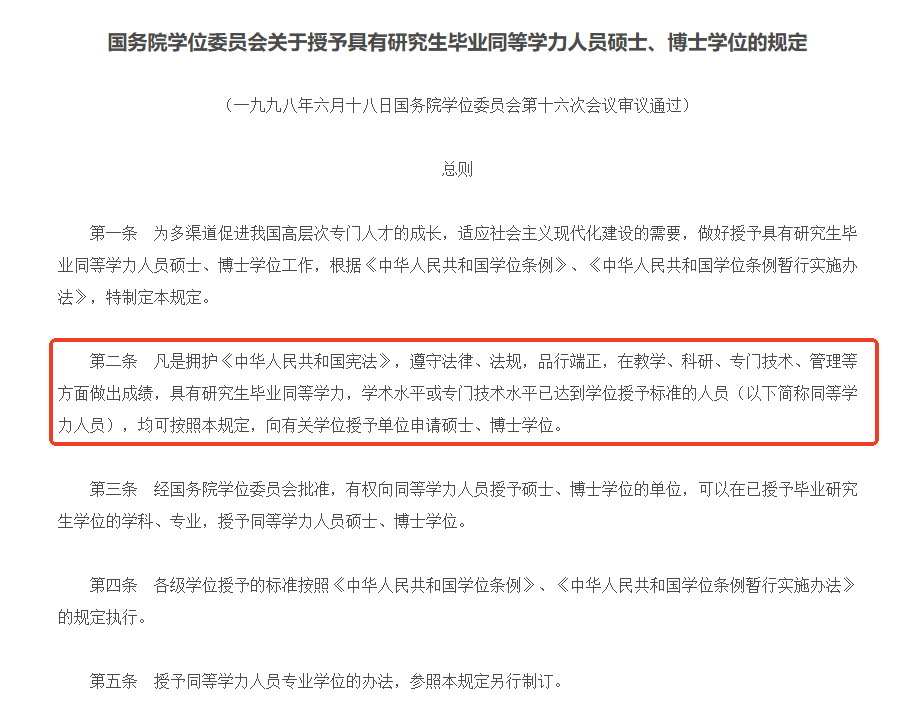 國務院學位委員會關于授予具有研究生畢業(yè)同等學力人員碩士、博士學位的規(guī)定