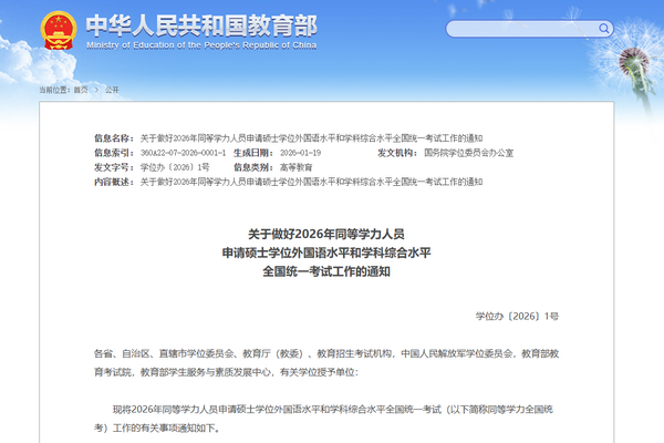 关于做好2026年同等学力人员申请硕士学位外国语水平和学科综合水平全国统一考试工作的通知